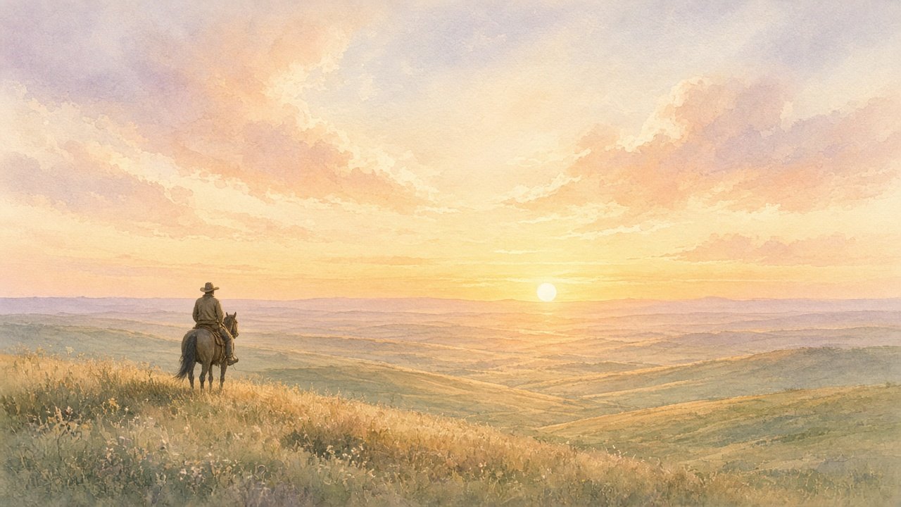 A cowboy on horseback watching the sun set over open prairie